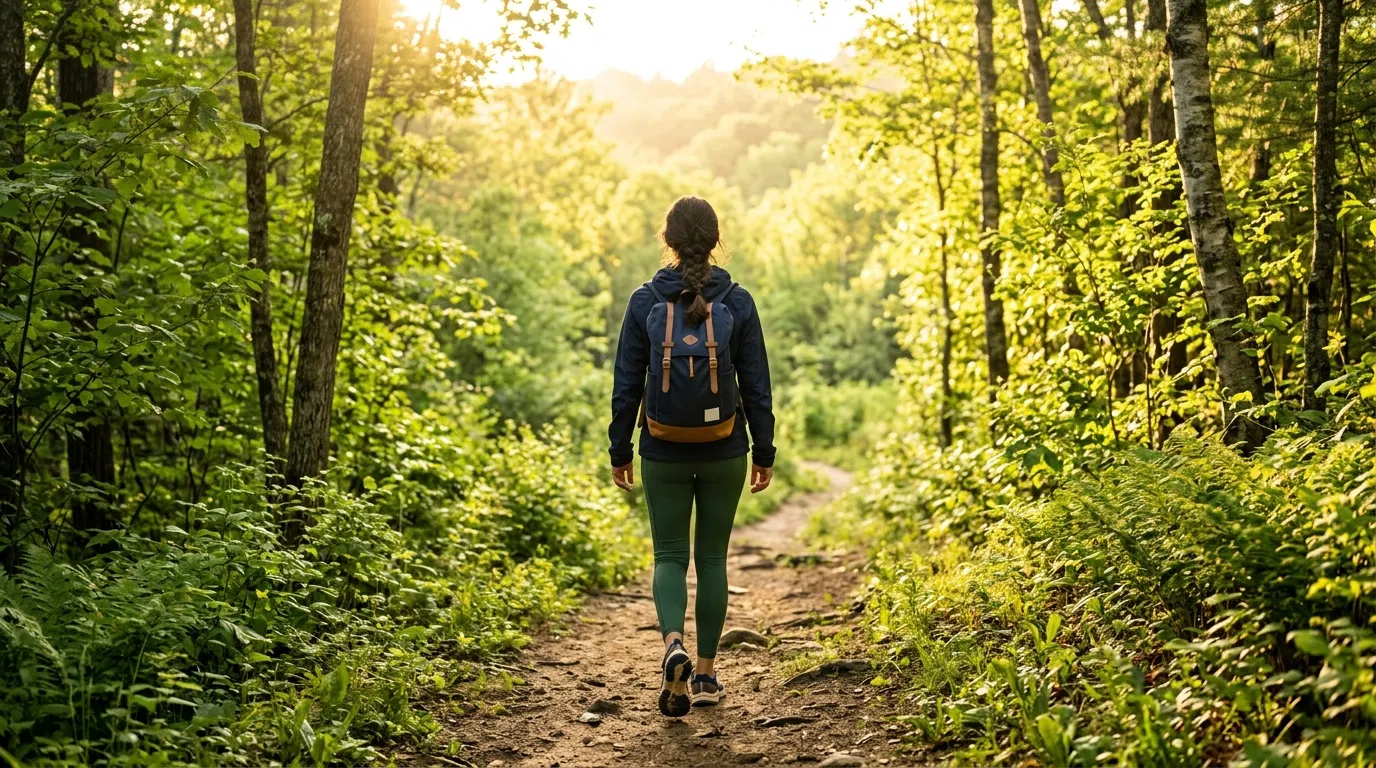 Anonymous person walking on a sunlit nature trail - plant-based circulatory support supplement lifestyle